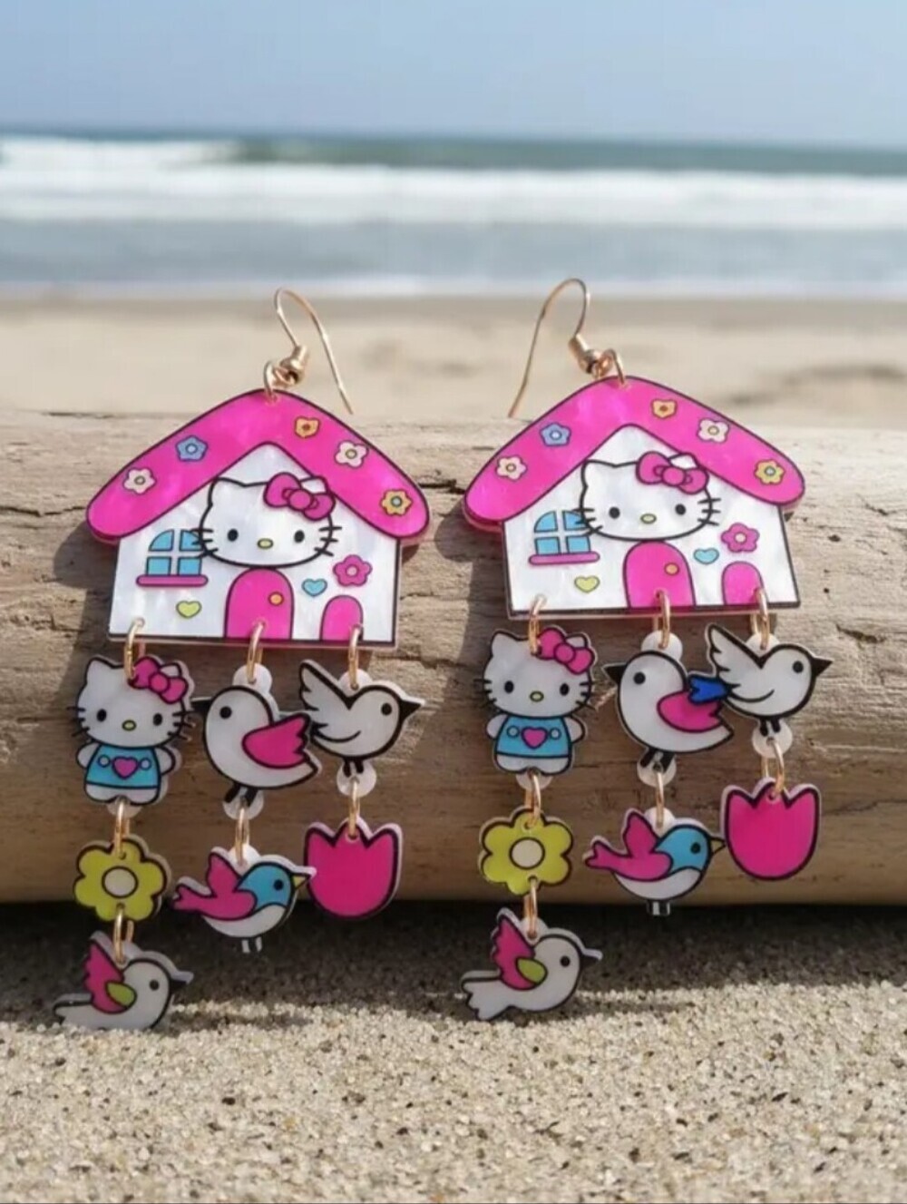 Handmade Kitty Pink House Earrings with White Characters and Multicolor Birds